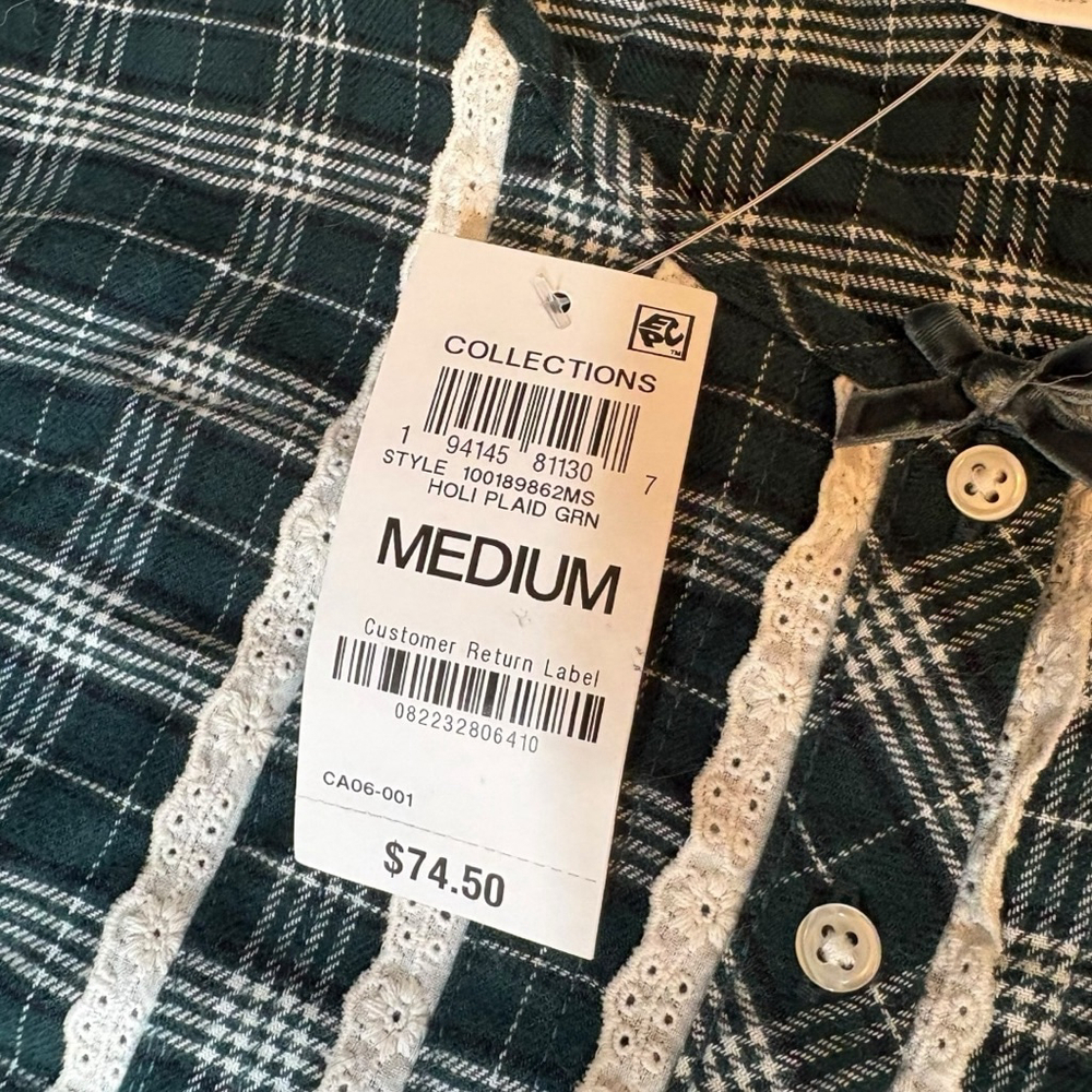 Charter Club Green Plaid Flannel Night Gown, M, Lace Trim - Picture 16 of 16